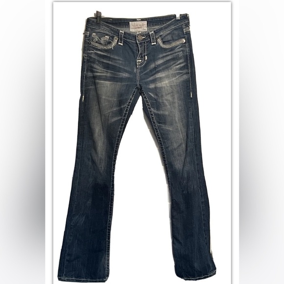 Big Star Mid Rise Bootcut Jeans Sz 28 Dark Distressed Denim Frayed Bottoms - Picture 2 of 12